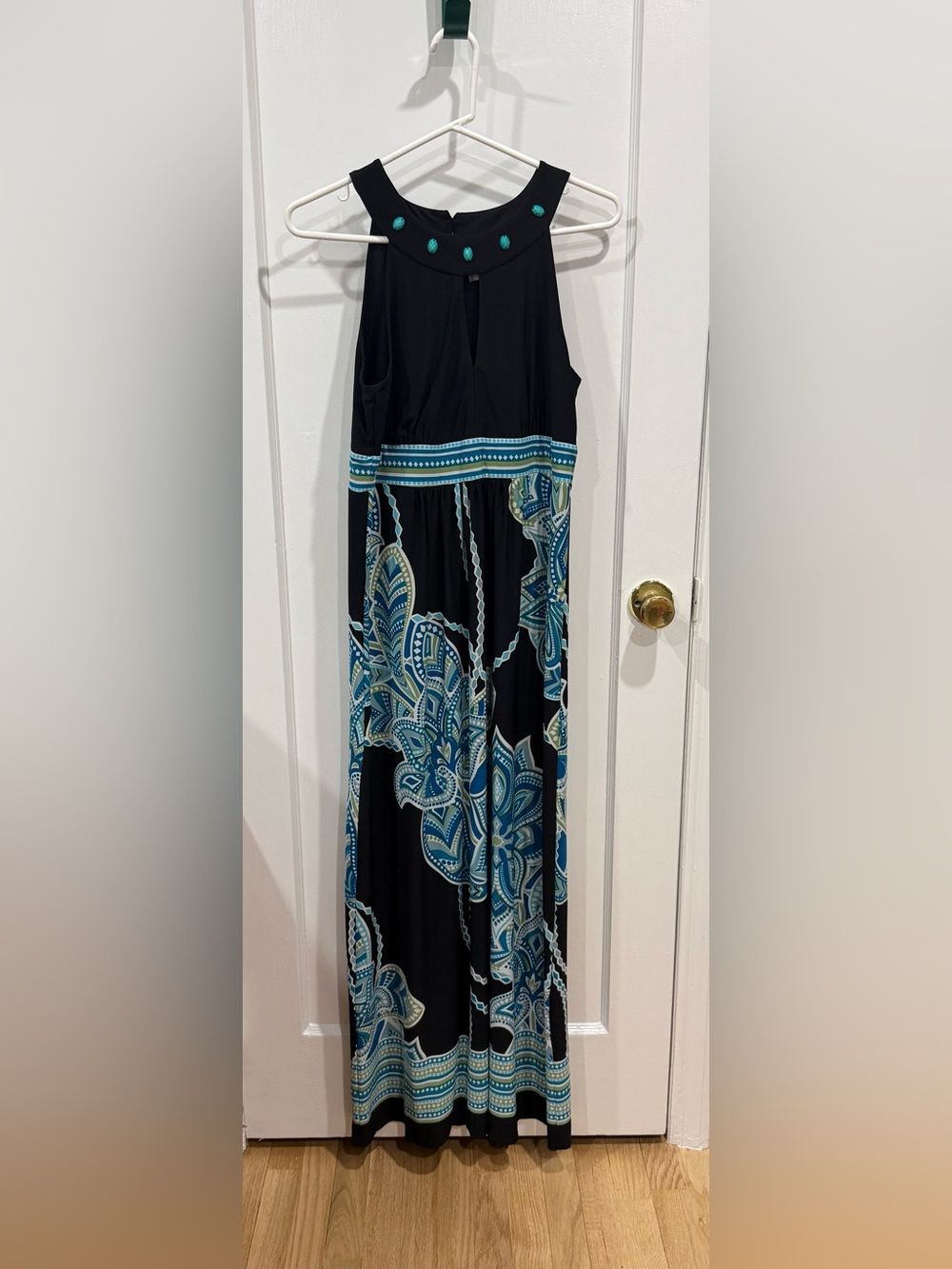 Sandra Darren Black Maxi Dress with Teal and Blue Paisley Accents